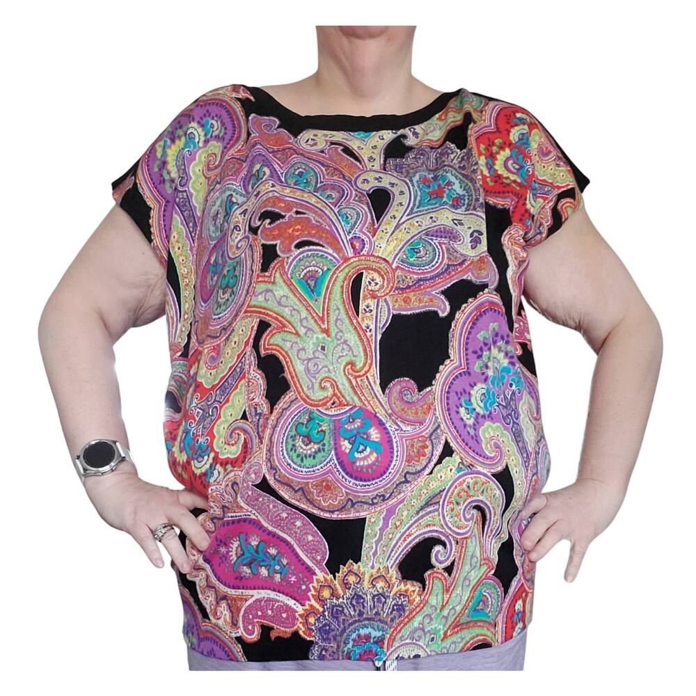 Lauren Ralph Lauren Size 1X Boxy Multi Paisley Sweater Cap Sleeve Preppy Spring
